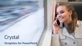  Presentation with train - PPT theme consisting of woman with mobile in train background and a sky blue colored foreground