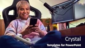  Presentation with mobile home - Slides with woman-with-mobile-phone-gaming background and a navy blue colored foreground