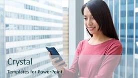  Presentation with phone - Theme enhanced with woman with mobile phone background and a sky blue colored foreground