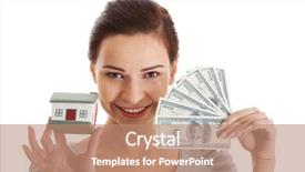  Presentation with white house - PPT theme featuring woman with money and house background and a coral colored foreground