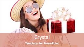  Presentation with money bag sysmbol - Presentation design featuring woman with money russian rouble background and a coral colored foreground