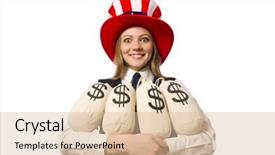  Presentation with debt management money - Presentation design featuring woman with money sacks isolated background and a lemonade colored foreground