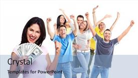  Presentation with people lost money fired businessman - Presentation design consisting of woman with money winners people background and a light blue colored foreground
