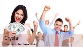  Presentation with people - Amazing PPT theme having woman with money winners people backdrop and a coral colored foreground