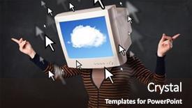  Presentation with cloud computing - Slide deck enhanced with woman with monitor screen and blue cloud computing on the screen background and a wine colored foreground