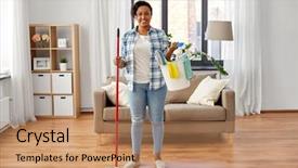  Presentation with african people - Audience pleasing PPT theme consisting of woman with mop and bucket backdrop and a coral colored foreground
