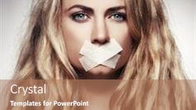  Presentation with woman in sea - PPT layouts having woman-with-mouth-sealed-plaster background and a coral colored foreground