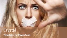  Presentation with violence woman - Audience pleasing slide deck consisting of woman-with-mouth-sealed-plaster backdrop and a coral colored foreground