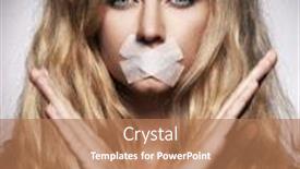  Presentation with violence woman - PPT theme featuring woman-with-mouth-sealed-plaster background and a coral colored foreground