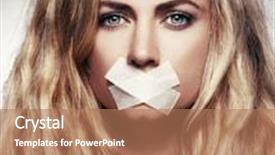  Presentation with violence woman - Slide deck having is silenced duct tape - woman with mouth sealed plaster background and a coral colored foreground
