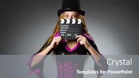  Presentation with clapboard - Beautiful theme featuring woman with movie clapboard against grey background backdrop and a gray colored foreground