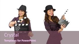  Presentation with clapboard - PPT layouts enhanced with woman-with-movie-clapboard-isolated background and a tawny brown colored foreground