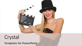  Presentation with clapboard - Theme having woman with movie clapboard isolated on white background and a lemonade colored foreground