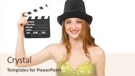  Presentation with clapboard - PPT theme having woman with movie clapboard isolated on white background and a lemonade colored foreground