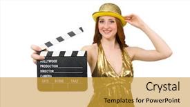  Presentation with clapboard - Amazing slide deck having woman with movie clapboard isolated on white backdrop and a yellow colored foreground