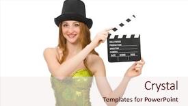  Presentation with clapboard - Colorful presentation enhanced with woman with movie clapboard isolated on white backdrop and a sky blue colored foreground