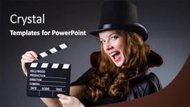  Presentation with clapper - Audience pleasing PPT layouts consisting of woman with movie clapper board backdrop and a dark gray colored foreground