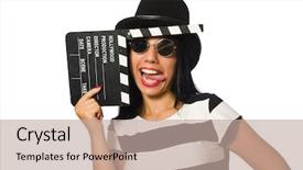  Presentation with clapper - Presentation theme featuring woman with movie clapper on white background and a mint green colored foreground