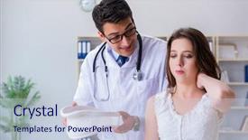  Presentation with injury - PPT theme featuring woman with neck injury visiting background and a  colored foreground