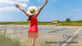  Presentation with marsh - PPT theme having woman-with-open-arms-looking background and a coral colored foreground