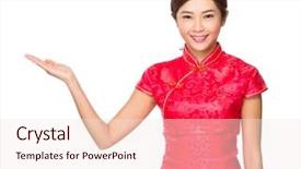  Presentation with role play woman and man - Cool new slides with woman with open hand plam backdrop and a sky blue colored foreground