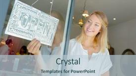  Presentation with open an account - Colorful presentation theme enhanced with woman with open shop sign backdrop and a lemonade colored foreground