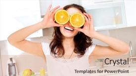  Presentation with healthy eating - Slide deck having woman with orange over eyes background and a coral colored foreground