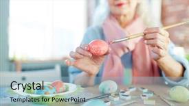  Presentation with elderly - Colorful slide deck enhanced with woman with paintbrush preparing egg backdrop and a  colored foreground