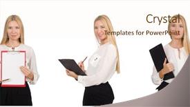  Presentation with binder - Slide deck featuring woman with paper binder isolated background and a cream colored foreground