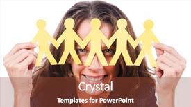  Presentation with cutout paper people standing around globe holding hands - Cool new PPT theme with woman with paper cut people backdrop and a tawny brown colored foreground