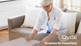  Presentation with critical illness insurance - Beautiful presentation design featuring woman with papers or bill backdrop and a coral colored foreground