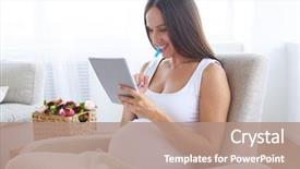  Presentation with pregnant woman - Audience pleasing slide deck consisting of woman with pen holding jotter backdrop and a coral colored foreground