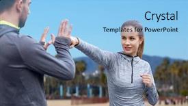  Presentation with force - Presentation theme enhanced with woman with personal trainer work background and a light blue colored foreground