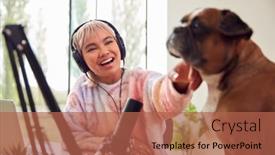  Presentation with podcast - Slide set having woman-with-pet-french-bulldog background and a red colored foreground