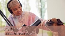  Presentation with recording studio - PPT theme enhanced with woman-with-pet-french-bulldog background and a coral colored foreground