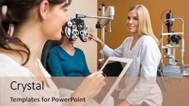  Presentation with child specialist - Slide set enhanced with woman with phoropter in store background and a coral colored foreground