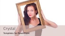  Presentation with picture frame - PPT layouts enhanced with woman with picture frame on white background and a soft green colored foreground