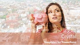  Presentation with pig - Audience pleasing slide set consisting of woman with pig money box on city transparent background backdrop and a coral colored foreground
