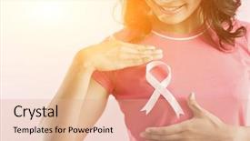  Presentation with pink ribbon breast awareness - PPT layouts having woman with pink breast cancer background and a coral colored foreground