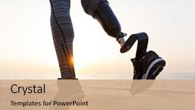  Presentation with prosthetic leg - Amazing PPT theme having woman with prosthetic leg running backdrop and a coral colored foreground