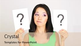  Presentation with question marks - Colorful presentation theme enhanced with woman with question marks on grey background backdrop and a lemonade colored foreground