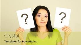  Presentation with question marks - Presentation theme having woman with question marks on grey background background and a yellow colored foreground