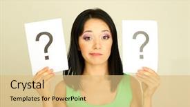  Presentation with question marks - Colorful presentation design enhanced with woman with question marks on grey background backdrop and a yellow colored foreground