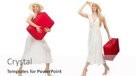  Presentation with suitcase - Presentation theme featuring woman-with-red-suitcase-isolated background and a white colored foreground