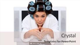  Presentation with television - Amazing PPT theme having woman with rollers in hair escaping from television backdrop and a lemonade colored foreground