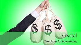  Presentation with money - Slide set consisting of woman with sacks of money background and a seafoam green colored foreground