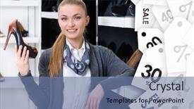 Presentation with christmas sale - Slides consisting of woman with shoe in hand chooses stylish pumps looking at the shelves on christmas sale background and a ocean colored foreground