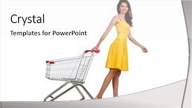  Presentation with shopping trolley - PPT theme featuring woman with shopping trolley isolated background and a white colored foreground