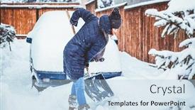  Presentation with car cleaning - Slide deck having woman with shovel cleaning snow aeound car winter shoveling removing snow after blizzard background and a light blue colored foreground