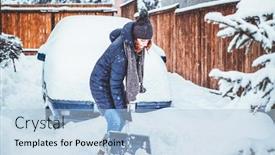  Presentation with car cleaning - Slide set featuring woman with shovel cleaning snow aeound car winter shoveling removing snow after blizzard background and a light blue colored foreground